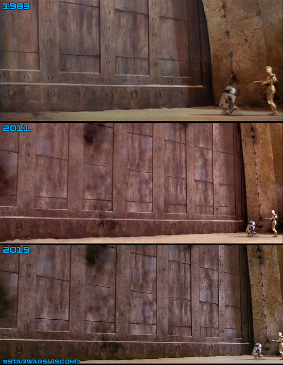 The 2011 Blu-ray introduced an expanded entrance to Jabba’s Palace. This 3D change was also done in 4K, but cropped differently for some reason. (This new shot makes the door three times larger on the outside than the inside)