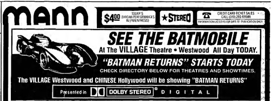 A newspaper ad for Batman Returns