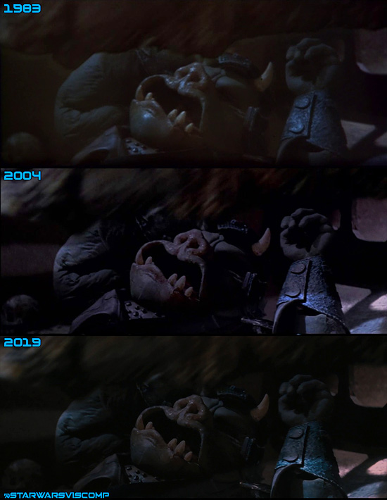 All of the Rancor shots were redone for the 2004 DVD and again for the 4K. The fingers cast a shadow in the re-render.