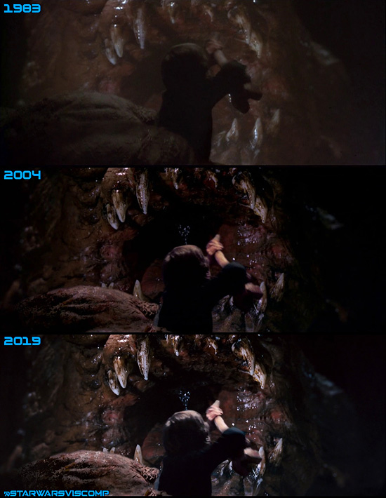 All of the Rancor shots were redone for the 2004 DVD and again for the 4K. Luke’s position in frame was adjusted in the recomposite.