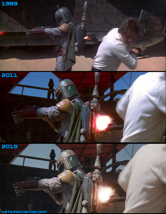 Part of the original shot of Han hitting Boba Fett’s jetpack was replaced with a different angle in the Blu-ray and 4K.