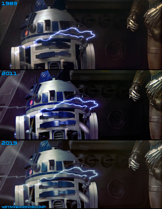 Starting in 2011 after R2 is shot, his center area (the blue bits and the vents) were replaced with CG and additional bits were added. This was redone for the 4K.