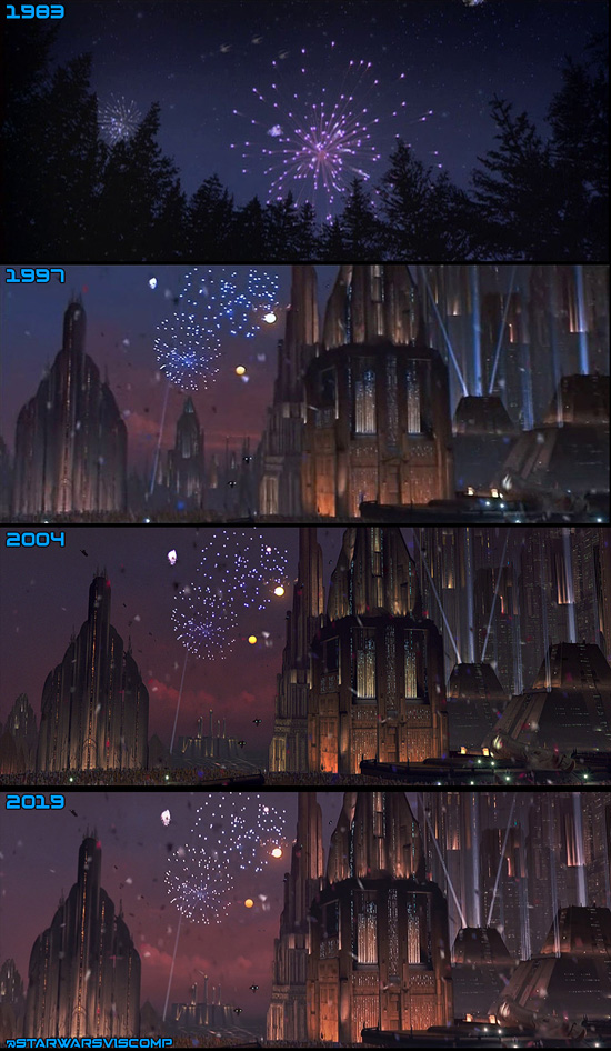 The 1997 version of Coruscant added to the ending celebrations had random buildings in the background. These buildings were replaced with the Jedi Temple from the prequels for the DVD, which had to be redone in 4K. The original shot of the X-wings shooting off fireworks was completely replaced.