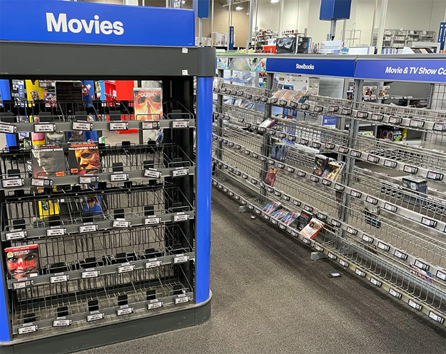 Empty Blu-ray & DVD shelves at Best Buy (Image credit: Heisenberg333444 on Reddit r/4kbluray)