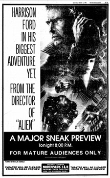 A newspaper ad for a Blade Runner preview screening