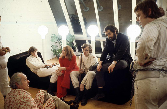 Stanley Kubrick, Malcolm McDowell, and the cast on the set of A Clockwork Orange