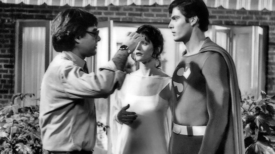 Richard Donner, Margot Kidder, and Christopher Reeve on the set of Superman